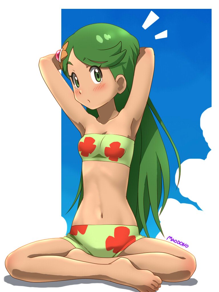 1girl armpits arms_behind_head awa bandeau barefoot bike_shorts blush character_hair_ornament closed_mouth commentary_request green_bandeau green_eyes green_hair hair_down hair_ornament long_hair mallow_(pokemon) navel nintendo pokemon pokemon_(anime) pokemon_sm_(anime) signature sitting solo swept_bangs toes
