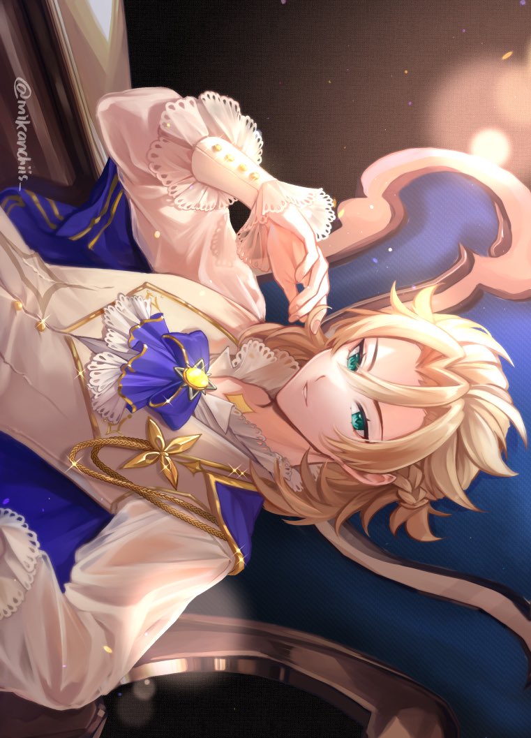 1boy aiguillette albedo_(genshin_concert)_(genshin_impact) albedo_(genshin_impact) aqua_eyes artist_name blonde_hair blue_bow blue_bowtie bow bowtie braid brooch chair commentary english_commentary gem genshin_impact grey_vest hair_between_eyes half_up_half_down_braid hand_up jewelry lace-trimmed_sleeves lace_trim lens_flare light_particles long_sleeves looking_at_viewer male_focus medium_hair mikanchii official_alternate_costume on_chair parted_bangs parted_lips scar scar_on_neck shirt sideways sitting smile solo twitter_username upper_body vest white_shirt yellow_gemstone