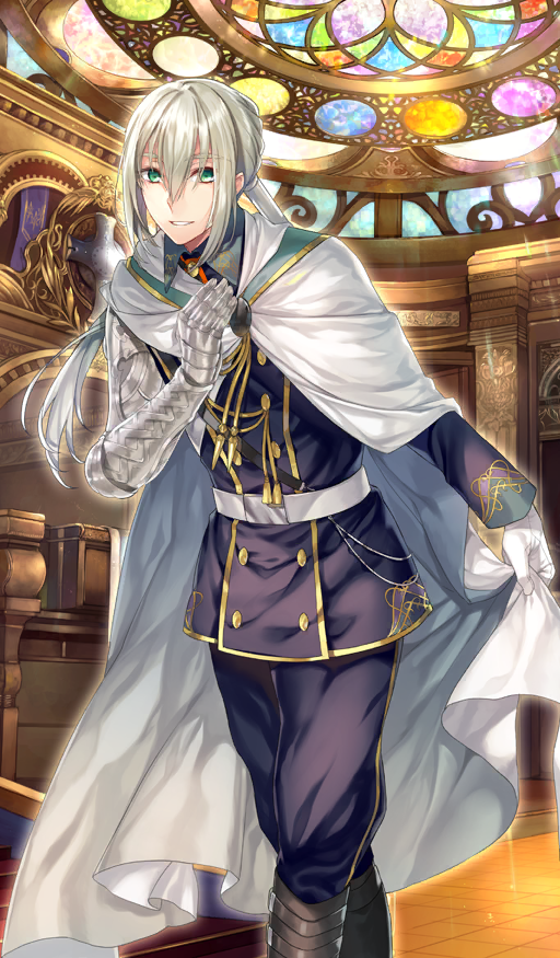 1boy airgetlam_(fate) androgynous bedivere_(fate) bedivere_(formal_dress)_(fate) belt black_belt bolo_tie boots bowing brown_background brown_boots buttons cape cape_lift collared_shirt commentary crossed_legs double-breasted double-parted_bangs fate/grand_order fate_(series) formal_clothes gloves gold_trim green_eyes hair_between_eyes hair_tubes hand_on_own_chest holding holding_unworn_cape holding_unworn_clothes indoors jacket light_rays long_hair long_sleeves looking_at_viewer lord_camelot_(fate) low_twintails male_focus official_art open_mouth pants prosthesis prosthetic_arm purple_jacket purple_pants red_bolo_tie shirt shoulder_belt sidelocks smile solo stained_glass stairs standing teeth tenkuu_sphere third-party_source twintails unworn_cape white_belt white_cape white_gloves white_hair