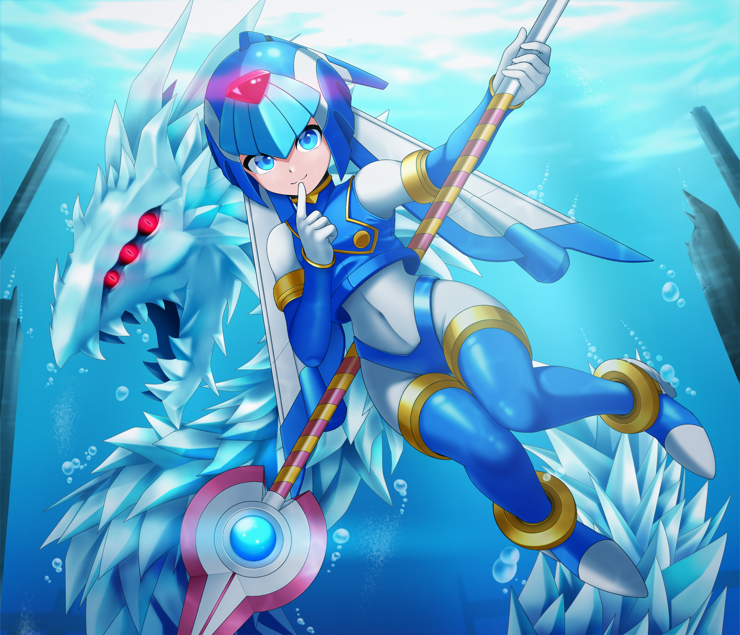 1girl air_bubble armor blue_armor blue_eyes blue_helmet bubble fairy_leviathan_(mega_man) finger_to_mouth fins forehead_jewel full_body head_fins helmet highres holding holding_behind_back holding_polearm holding_polearm_behind_back holding_weapon holding_weapon_behind_back ice_dragon jwc_vevo mega_man_(series) mega_man_zero_(series) polearm solo_focus spear underwater weapon