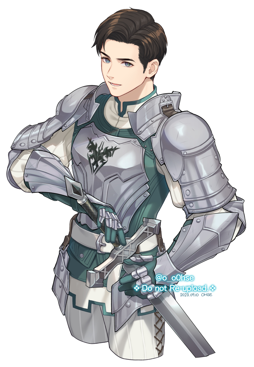 1boy armor blue_eyes brown_hair chainmail cropped_legs final_fantasy final_fantasy_xvi gloves holding holding_sword holding_weapon looking_at_viewer lower_teeth_only metal_gloves no_headwear ohse open_mouth plate_armor short_hair shoulder_armor simple_background smile solo standing sword teeth terrence_(ff16) upper_body weapon white_background