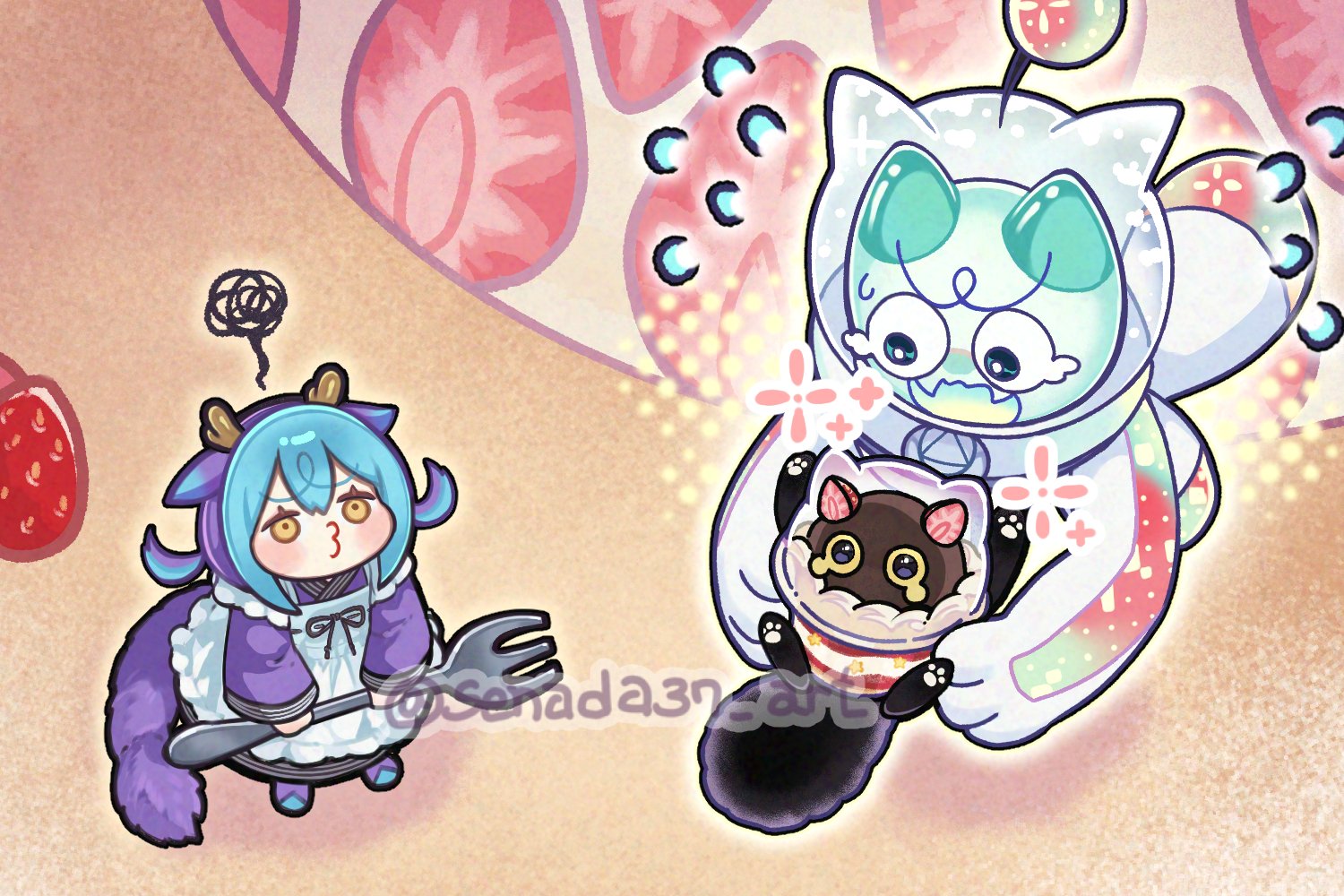 1other animal_hands annoyed apron black_cat blue_hair boots cat cat_paws cup cupsie_yummy dragon_girl dragon_horns duel_monster eastern_dragon_horns fingerless_gloves food footprints fork frilled_apron frills fruit gloves holding holding_fork horns japanese_clothes laundry_dragonmaid running senada37 smile squiggle strawberry sweat waist_apron watermark white_apron white_background yellow_eyes yu-gi-oh! yummy_snatchy