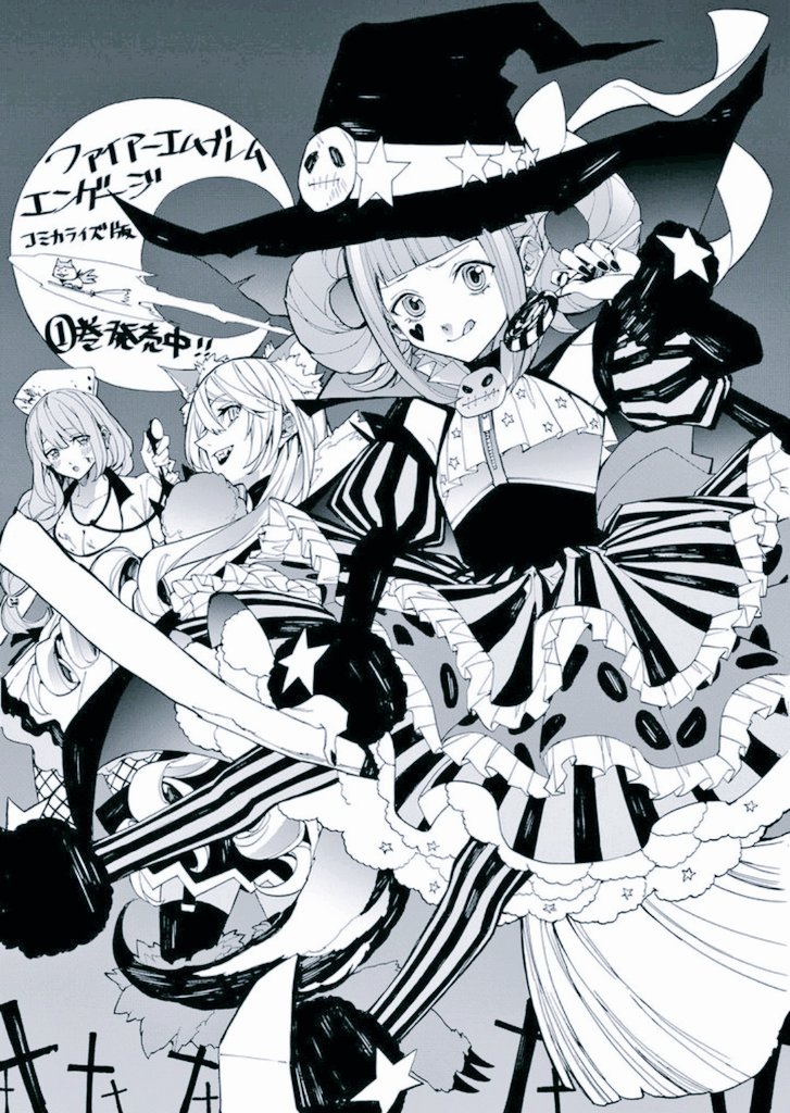 1boy 2girls alternate_costume blunt_bangs braid dress facial_mark fire_emblem fire_emblem_engage frilled_dress frills goldmary_(fire_emblem) greyscale hair_rings halloween halloween_costume hat heart heart_facial_mark hortensia_(fire_emblem) konnichi_warou long_hair long_sleeves looking_at_viewer monochrome multiple_girls nintendo open_mouth rosado_(fire_emblem) side_braid smile tongue tongue_out trap witch witch_hat