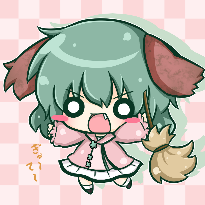1girl animal_ears blush broom checkered_background chibi dog_ears fang green_hair kasodani_kyouko o_o open_mouth pink_background ritateo short_hair touhou