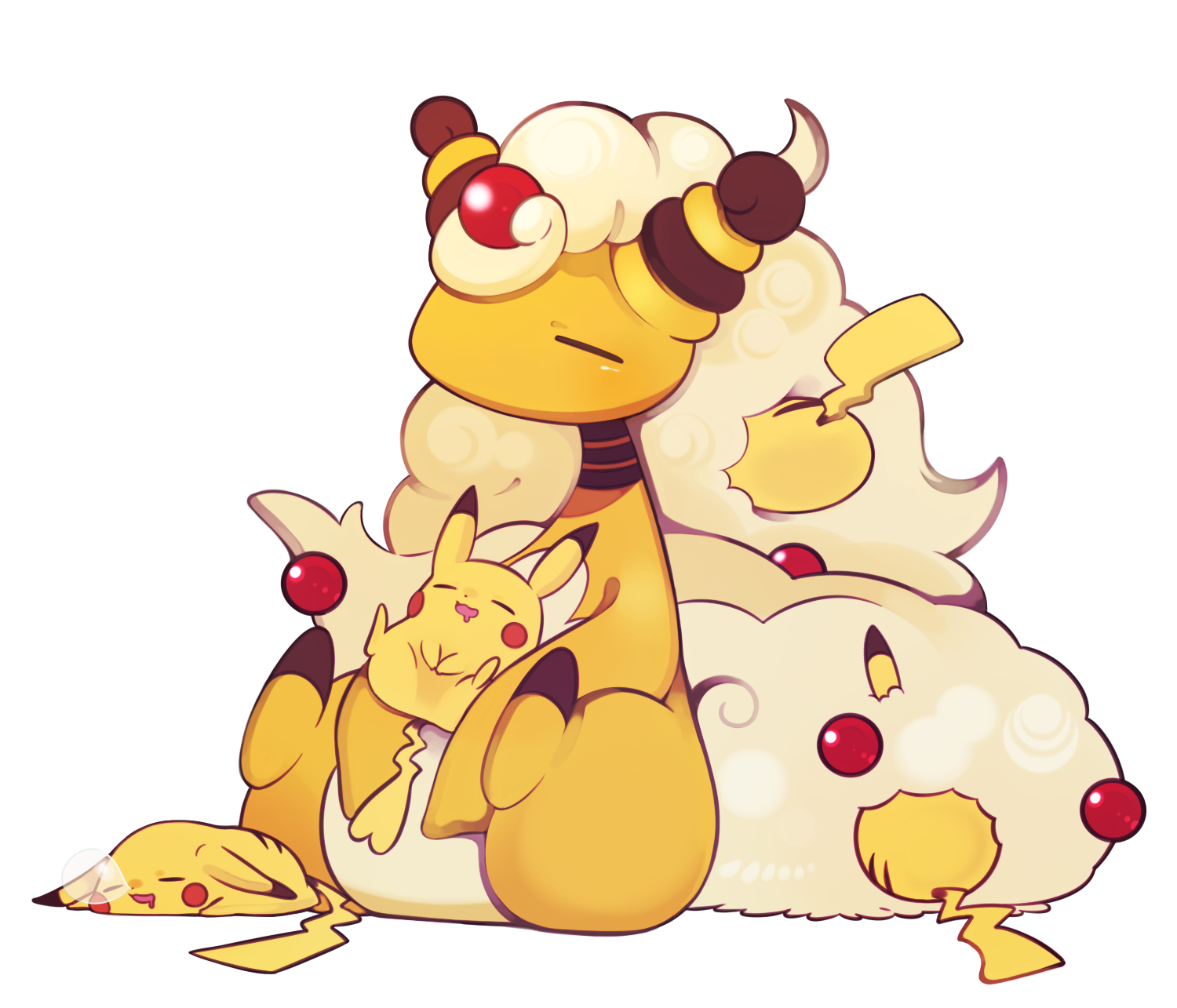 ampharos closed_eyes drooling gen_1_pokemon gen_2_pokemon highres kashiri_kurosuke mega_pokemon nintendo no_humans nose_bubble pikachu pokemon pokemon_(creature) sleeping too_many white_background