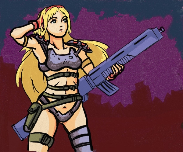 1girl blonde_hair breasts contra contra_hard_corps female_focus gun midriff resized sheena_etranzi solo watatanza weapon