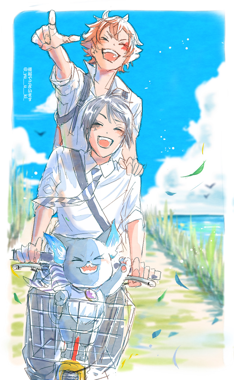 2boys ace_trappola bicycle bicycle_basket black_hair blue_sky closed_eyes cloud commentary_request deuce_spade falling_leaves grim_(twisted_wonderland) hand_on_another&#039;s_shoulder highres leaf male_focus multiple_boys open_mouth orange_hair outdoors pointing rice_paddy riding riding_bicycle school_uniform shirt short_hair sky twisted_wonderland white_shirt yuuki_(yukko7474)