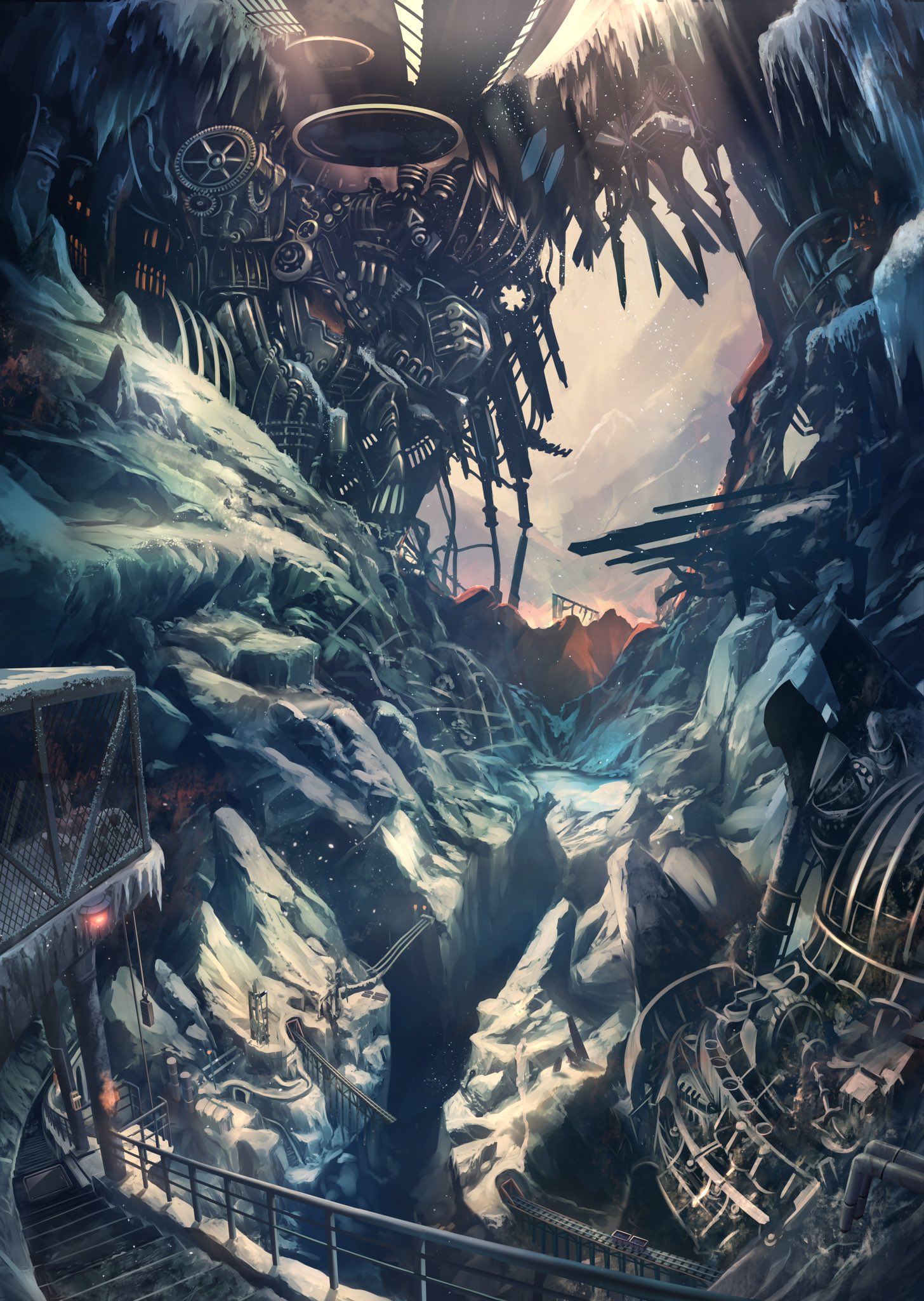 abandoned atmospheric_perspective bridge commentary_request crevice gears highres industrial_pipe minecart mountain no_humans original outdoors pulley railroad_tracks rock ruins scenery snow soraizumi stairs steampunk