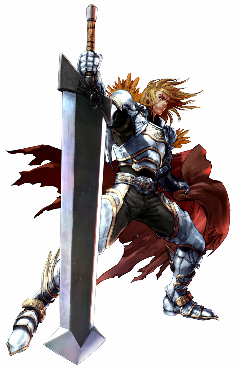 1boy armor blonde_hair cape highres long_hair male_focus manly namco scar scar_across_eye scar_on_face siegfried_schtauffen solo soul_calibur soulcalibur soulcalibur_iii sword weapon