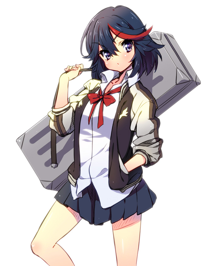 10s 1girl :&lt; black_hair blue_eyes bow case female_focus hand_in_pocket jacket kill_la_kill letterman_jacket matoi_ryuuko multicolored_hair pandaki_(aki) red_hair school_uniform short_hair skirt sleeves_rolled_up solo two-tone_hair