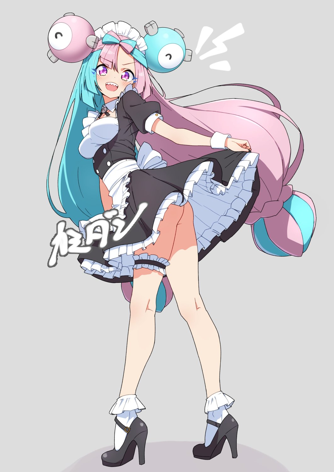 1girl apron black_dress black_ribbon black_shoes blue_hair blue_light blush bow-shaped_hair breasts collar commentary detached_collar double_bun dress fake_hair_bun frilled_apron frills grey_background hair_bun high_heels highres iono_(pokemon) kamidan kneepits long_hair looking_at_viewer maid maid_apron maid_headdress multicolored_hair neck_ribbon nintendo open_mouth pink_hair pokemon pokemon_sv ribbon shoes short_sleeves simple_background smile socks solo split-color_hair teeth thighs two-tone_hair upper_teeth_only v-shaped_eyebrows waist_apron white_apron white_collar white_socks