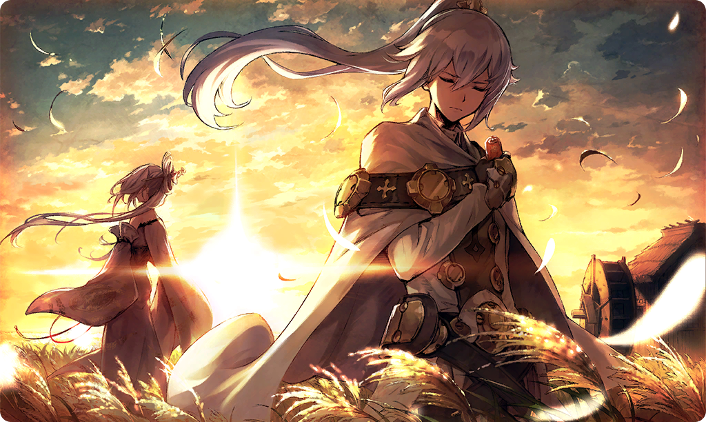 1boy 1girl brother_and_sister cloak closed_eyes cloud commentary detached_sleeves floating_hair furisode hair_ornament high_ponytail holding japanese_clothes kanzashi kimono long_hair natsume_(ta_ga_tame_no_alchemist) official_art omamori outdoors ponytail ren_(ta_ga_tame_no_alchemist) siblings sunset susuki_grass ta_ga_tame_no_alchemist third-party_source white_cloak white_hair