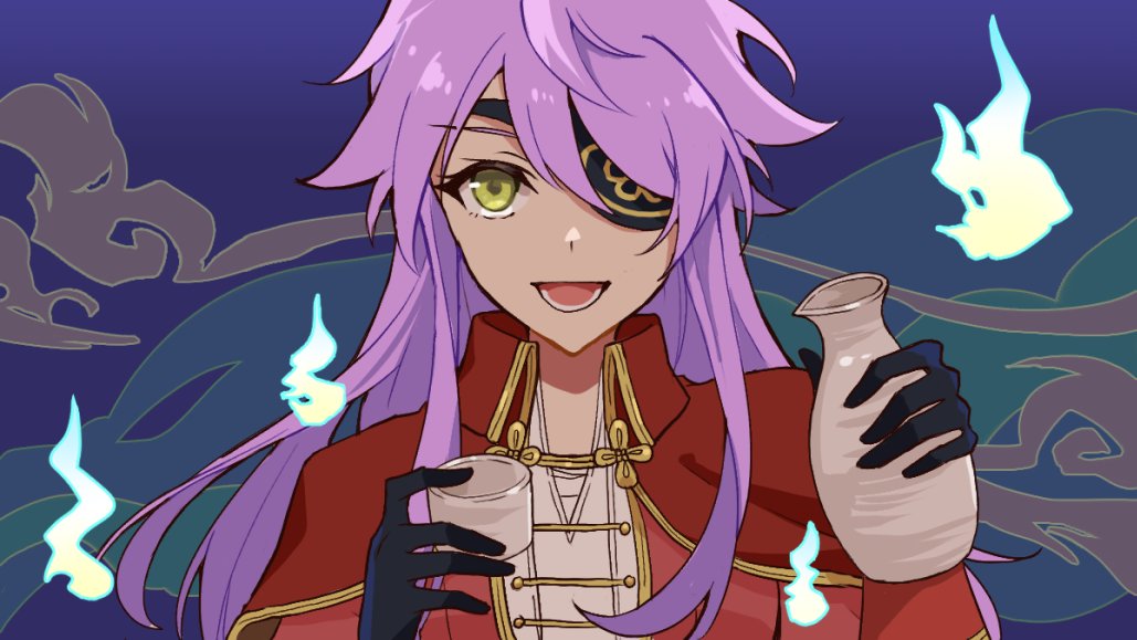 1girl :d black_gloves blue_background bottle cape choko_(cup) commentary cup eyepatch gloves gradient_background green_eyes hair_between_eyes hands_up holding holding_bottle holding_cup jacket long_hair long_sleeves looking_at_viewer lower_teeth_only official_alternate_costume one_eye_covered open_clothes open_jacket open_mouth otonashi_ichie portrait purple_hair red_cape red_jacket rowan_(kanonsecret) shirt shoujo_kageki_revue_starlight shoujo_kageki_revue_starlight_-re_live- sidelocks smile solo symbol-only_commentary teeth tokkuri white_shirt