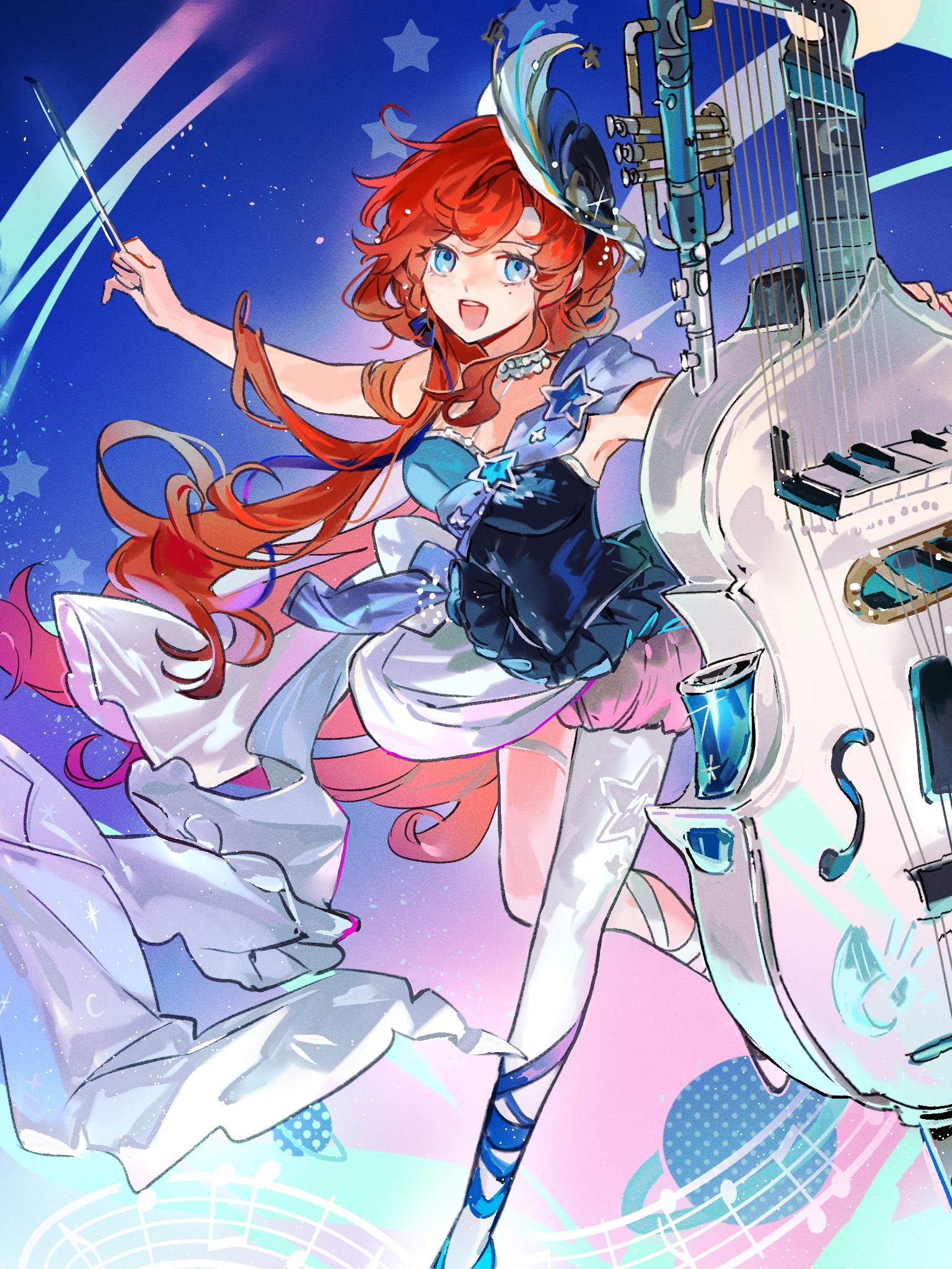 1girl :d barcarola_(reverse:1999) bare_arms beamed_eighth_notes black_hat blue_background blue_eyes blue_ribbon blue_shirt bow_(music) crackling_box_(reverse:1999) eighth_note foot_out_of_frame gradient_background hat highres holding holding_bow_(music) instrument leg_ribbon long_hair looking_at_viewer mini_hat musical_note musical_staff official_alternate_costume open_mouth outstretched_arm pantyhose quarter_note red_hair reverse:1999 ribbon salmonknko shirt single_leg_pantyhose skirt sleeveless sleeveless_shirt smile solo standing standing_on_one_leg star_(symbol) white_pantyhose white_ribbon white_skirt