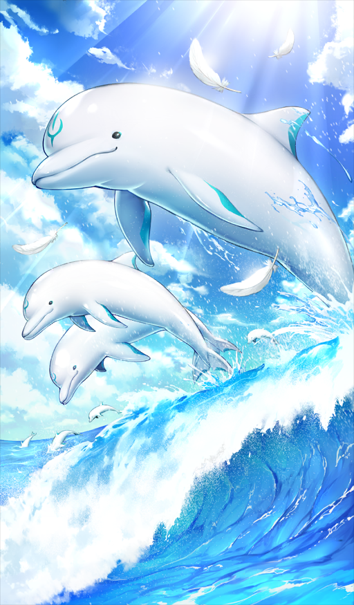 animal animal_focus blue_background blue_sky cloud commentary day dolphin fate/grand_order fate_(series) feathers light_rays midair no_humans ocean official_art outdoors sky sparkle splashing sunbeam sunlight tatsuyo third-party_source waves white_feathers