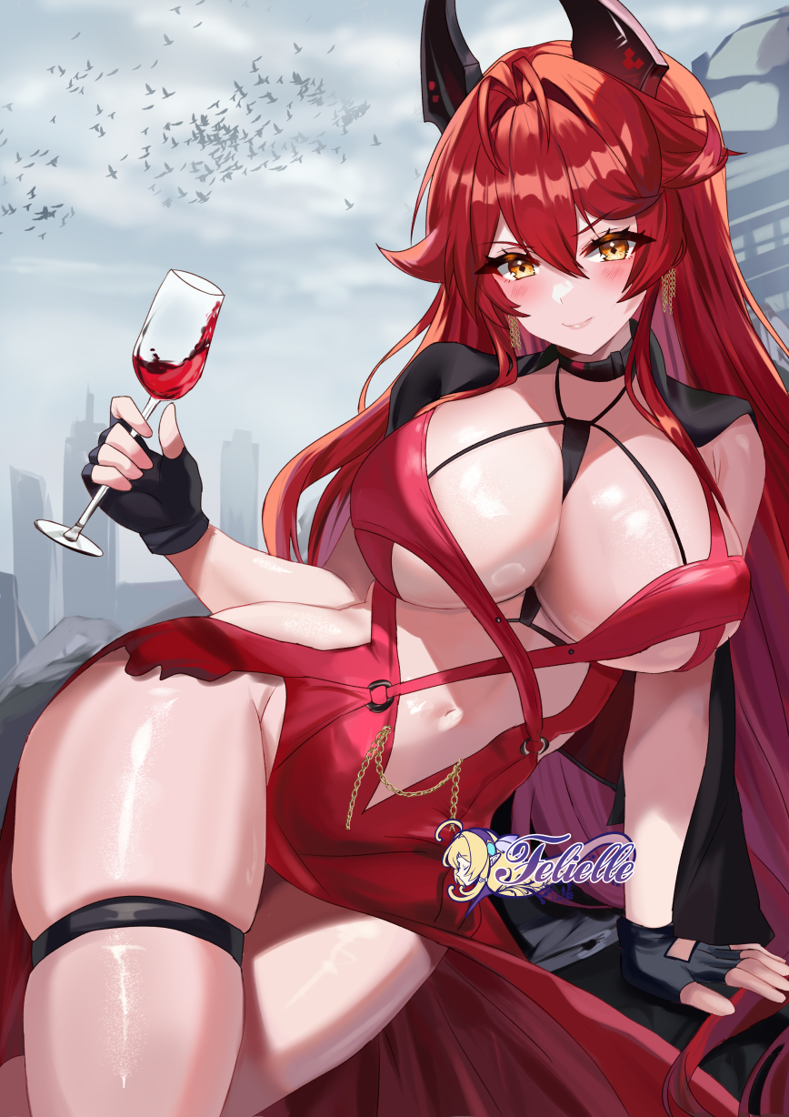 1girl alcohol between_breasts breasts cup dress drinking_glass evening_gown felielle goddess_of_victory:_nikke highres horns mechanical_horns official_alternate_costume red_dress red_hair red_hood_(nikke) red_hood_(nonsense_red)_(nikke) red_wine solo strap_between_breasts thigh_strap wine wine_glass yellow_eyes