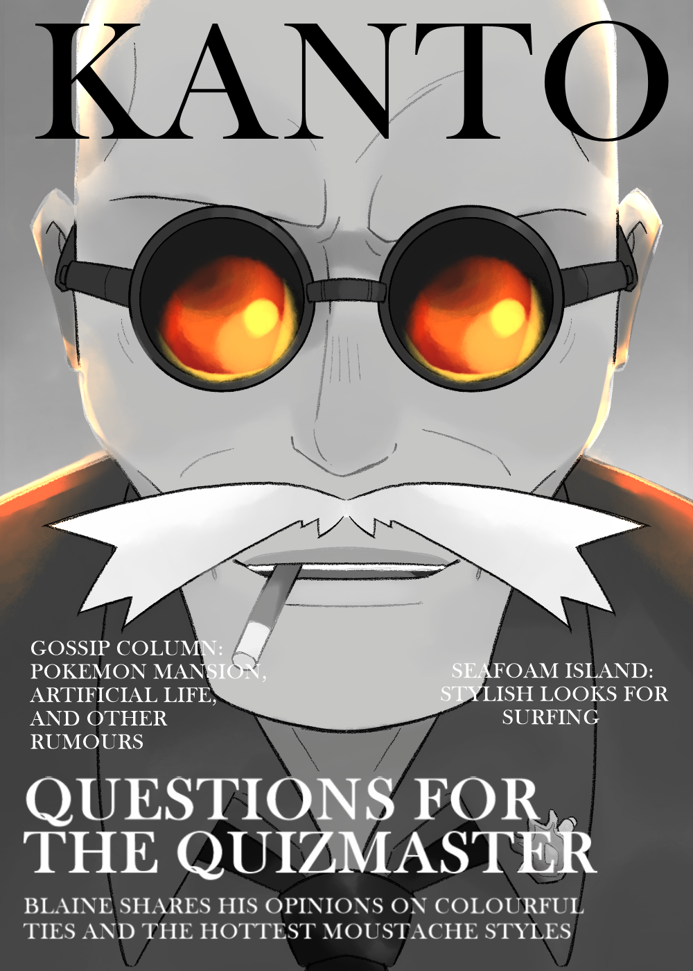 1boy bald black_necktie blaine_(pokemon) character_name cigarette colored_skin cover english_text facial_hair fake_magazine_cover grey_background grey_skin grey_theme highres looking_at_viewer magazine_cover male_focus mouth_hold mustache necktie nintendo old old_man pokemon pokemon_rgby skipppppy solo sunglasses upper_body white_hair