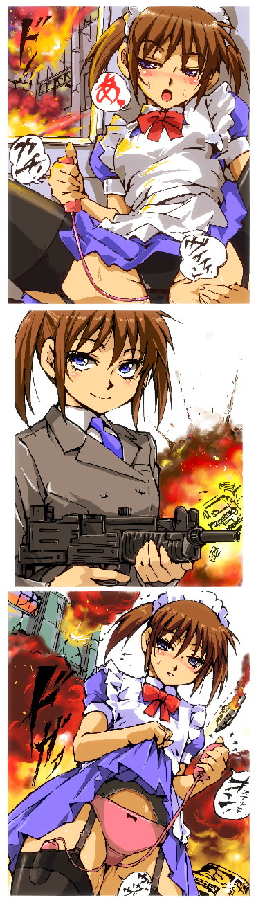 1girl blue_eyes blush bow bow_panties bowtie brown_hair clothes_lift controller destruction detonator explosion female_focus female_masturbation formal_clothes garter_belt highres kamisimo_90 maid maid_headdress masturbation multiple_insertions oekaki open_mouth original panties pussy_juice remote_control sex_toy skirt skirt_lift solo spread_legs suit sweat terrorism thighhighs translated underwear upskirt vibrator vibrator_in_thighhighs vibrator_under_clothes vibrator_under_panties