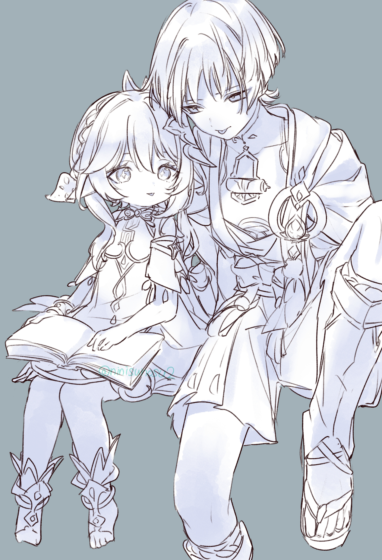 1boy 1girl anklet armlet blunt_ends bodysuit book bow bracelet cape covered_collarbone cross-shaped_pupils detached_sleeves dress eyelashes feathers gem genshin_impact grey_background hair_between_eyes hair_ornament hakama hakama_shorts half_crown_braid han'eri highres holding holding_book japanese_clothes jewelry kimono knee_up layered_kimono leaf leaf_hair_ornament leg_warmers leggings looking_at_another mandarin_collar monochrome nahida_(genshin_impact) ninisunosu2 open_clothes open_kimono pleated_shorts pointy_ears pom_pom_(clothes) scaramouche_(genshin_impact) shorts sitting sketch symbol-shaped_pupils tassel toeless_footwear toeless_legwear toes tongue tongue_out twitter_username vision_(genshin_impact) wanderer_(genshin_impact)