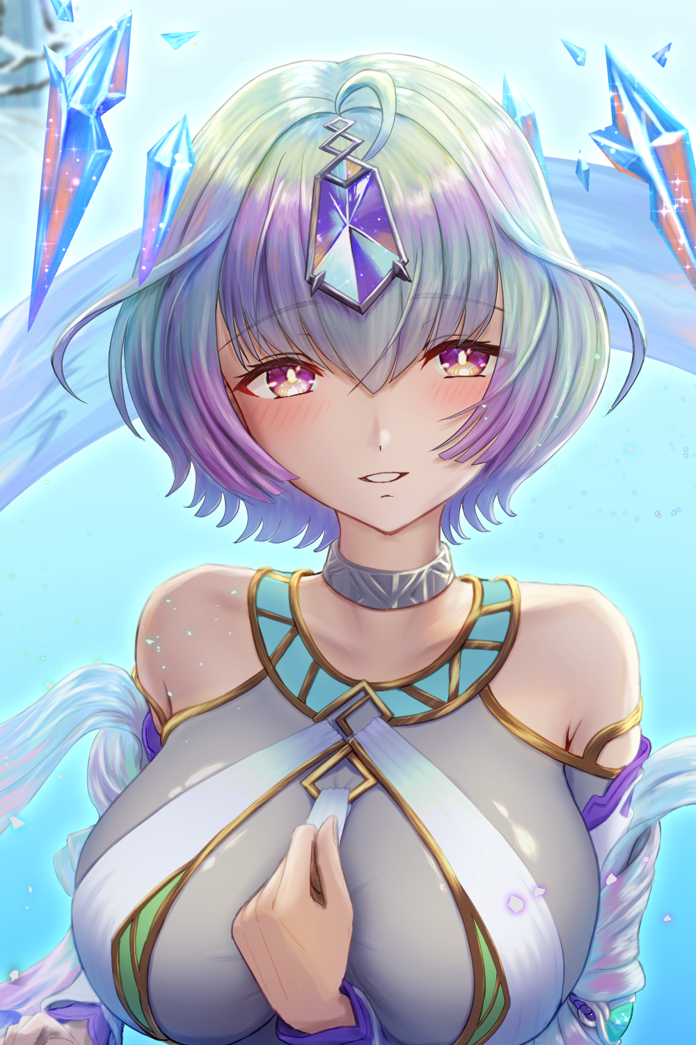 1girl bare_shoulders blush breasts commentary_request fire_emblem fire_emblem_heroes gem gradient_hair hair_between_eyes highres large_breasts looking_at_viewer matoimangekyo multicolored_hair nintendo purple_eyes purple_hair seidr_(fire_emblem) short_hair smile solo upper_body
