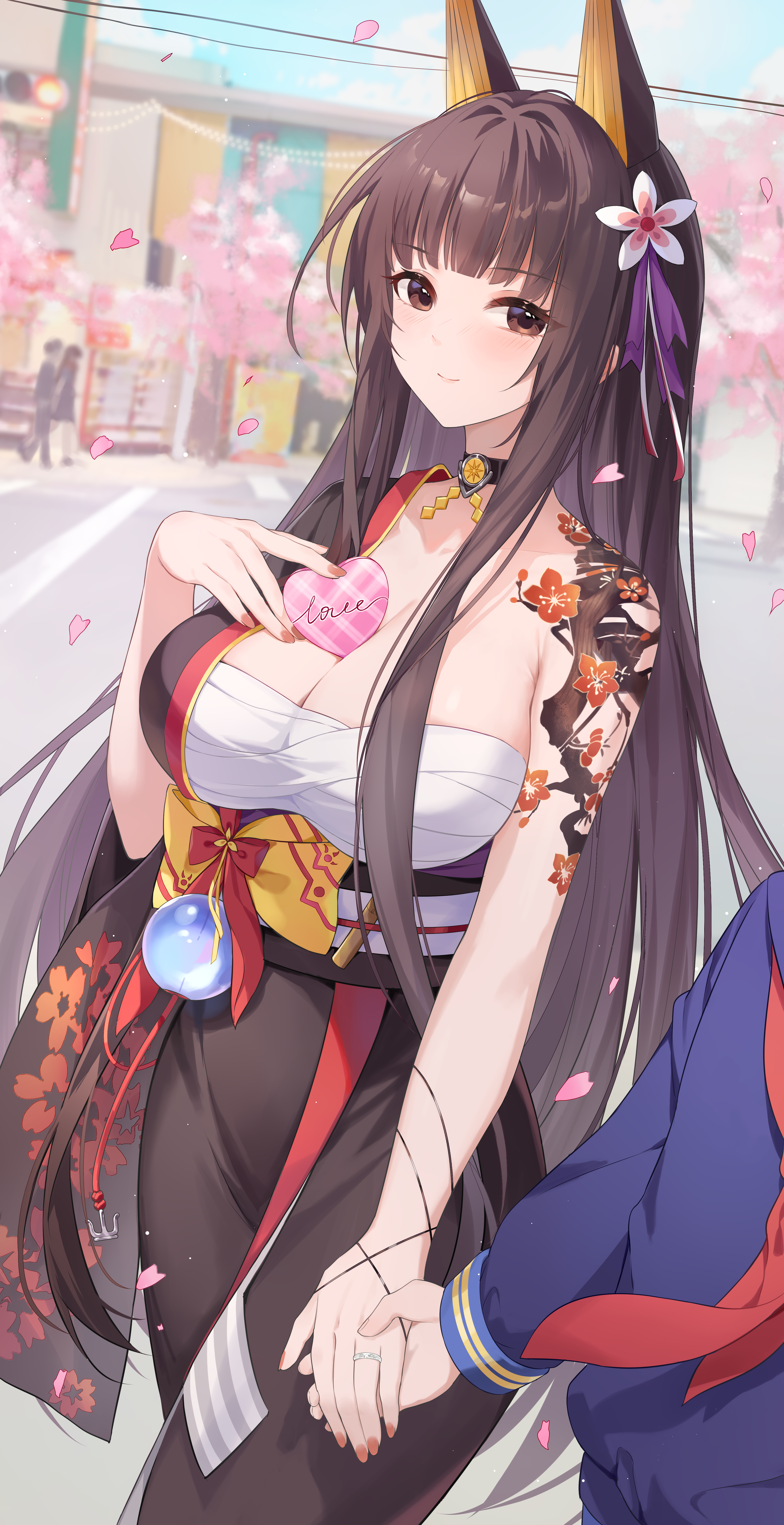 1boy 1girl absurdres akagi_(warship_girls_r) animal_ears blunt_bangs breasts brown_eyes brown_hair cherry_blossoms choker cleavage flower fox_ears hair_flower hair_ornament highres holding holding_hands japanese_clothes kimono large_breasts long_hair looking_at_viewer morimori_(14292311) outdoors ribbon sarashi sash smile solo_focus tattoo very_long_hair warship_girls_r