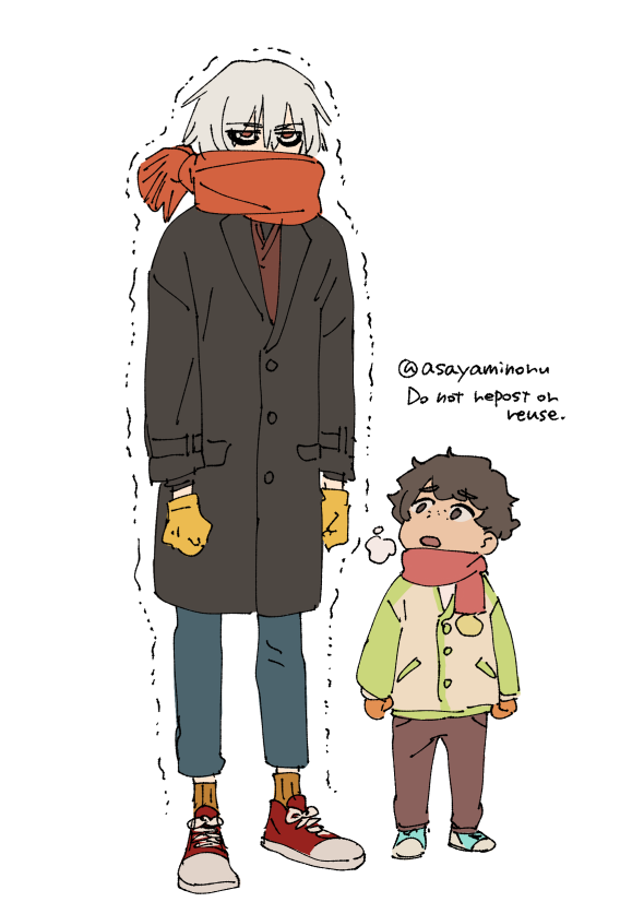 2boys asaya_minoru black_jacket black_sclera blue_footwear blue_pants brown_eyes brown_hair brown_jacket brown_pants brown_shirt colored_sclera commentary_request copyright_request english_text fringe_trim gloves grey_hair hair_between_eyes jacket male_focus mittens multiple_boys orange_mittens orange_scarf orange_socks pants red_eyes red_footwear ribbed_socks scarf shirt shoes simple_background socks standing thick_eyebrows trembling twitter_username watermark white_background yellow_gloves