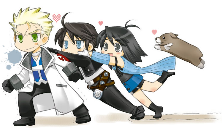 1girl 2boys angelo_(ff8) anger_vein angry arms_up belt bike_shorts_under_skirt black_footwear black_gloves black_hair black_jacket black_pants black_shirt blonde_hair blue_eyes blue_shirt blue_skirt blush_stickers brown_belt brown_fur brown_hair chibi chibi_only clenched_hands coat commentary_request cropped_jacket detached_sleeves dog dragging engeiseikatu expressionless final_fantasy final_fantasy_viii frown full_body fur-trimmed_jacket fur_trim gloves green_eyes grey_eyes hands_on_another&#039;s_shoulders heart jacket jewelry leg_up long_sleeves miniskirt multiple_belts multiple_boys necklace open_mouth pants rinoa_heartilly scar scar_on_face seifer_almasy shirt short_hair skirt sleeveless_duster smile spiked_hair spoken_heart squall_leonhart sweatdrop very_short_hair white_background white_coat white_fur white_shirt