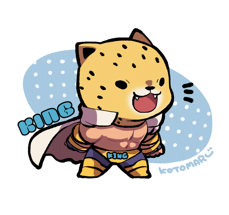 1boy black_eyes black_pants blue_gloves character_name chibi clothes_writing fang fingerless_gloves full_body gloves jacket jaguar_boy king_(tekken) kotorai pants pectorals signature standing tekken topless_male white_jacket wrestler