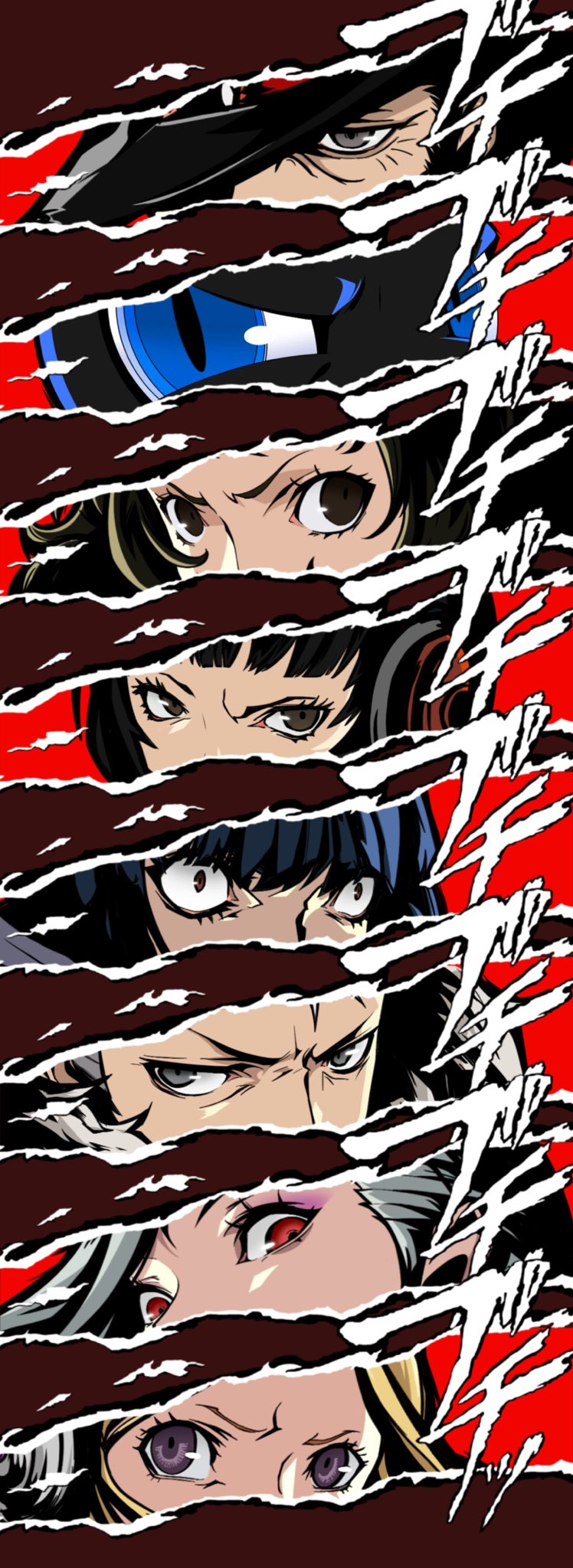 blonde_hair blue_eyes brown_eyes brown_hair close-up column_lineup eye_focus grey_eyes grey_hair highres hver_afro12 iwai_munehisa kawakami_sadayo looking_at_viewer mifune_chihaya morgana_(persona_5) niijima_sae ohya_ichiko persona persona_5 persona_eyes purple_eyes red_eyes sakura_soujirou takemi_tae wide-eyed