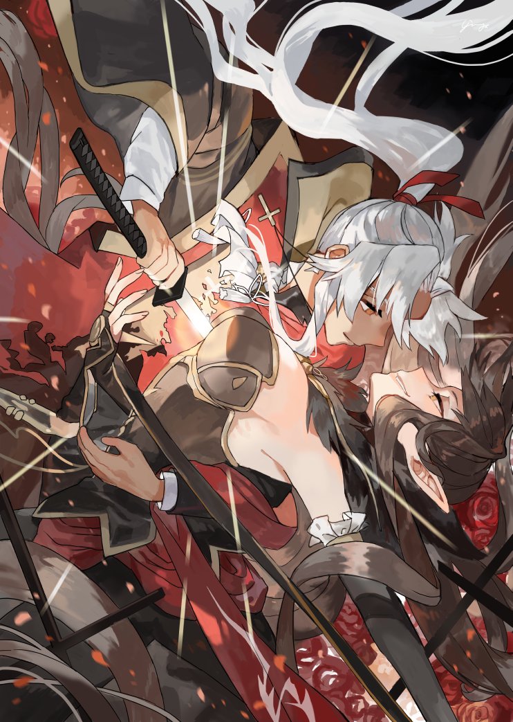 1boy 1girl absurdly_long_hair amakusa_shirou_(fate) amakusa_shirou_(third_ascension)_(fate) black_dress black_hair breasts brown_eyes brown_hair cross cross_necklace dark-skinned_male dark_skin detached_sleeves dress fate/apocrypha fate/grand_order fate_(series) fur_trim hair_ribbon human_scabbard japanese_clothes jewelry katana long_dress long_hair necklace parody pointy_ears ponytail ribbon sekai_wo_kakumei_suru_chikara_wo semiramis_(fate) shoujo_kakumei_utena smile sword torso_grab very_long_hair weapon white_hair yellow_eyes yinghuo