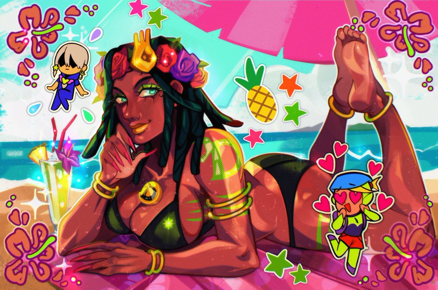 1girl 2boys anklet arizuume armlet ass barefoot beach beach_towel beach_umbrella bikini black_bikini black_hair blonde_hair blue_hoodie blue_pants bodysuit bracelet braid breasts chibi chibi_inset cleavage cloud commentary crazy_straw cup dark-skinned_female dark_skin day dragona_joestar dreadlocks drinking_glass drinking_straw earrings english_commentary feet feet_up fingernails flower flower_wreath food fruit green_bikini green_bodysuit green_eyes grey_hair hair_flower hair_ornament head_wreath heart heart-shaped_eyes hood hoodie jewelry jodio_joestar jojo_no_kimyou_na_bouken large_breasts looking_at_viewer lying multiple_boys nail_polish ocean on_stomach outdoors pants pineapple red_nails red_shorts sand shaded_face shorts single_braid sky smile soles star_(symbol) star_hair_ornament star_sticker swimsuit tattoo the_jojolands the_pose toes towel umbrella usagi_aloha&#039;oe very_dark_skin water yellow_flower