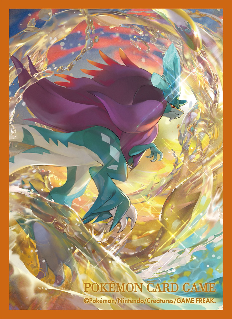 animal_focus border claws closed_mouth copyright_name copyright_notice highres nejita nintendo no_humans official_art orange_border pokemon pokemon_(creature) pokemon_focus pokemon_tcg red_eyes solo sparkle third-party_source walking_wake water