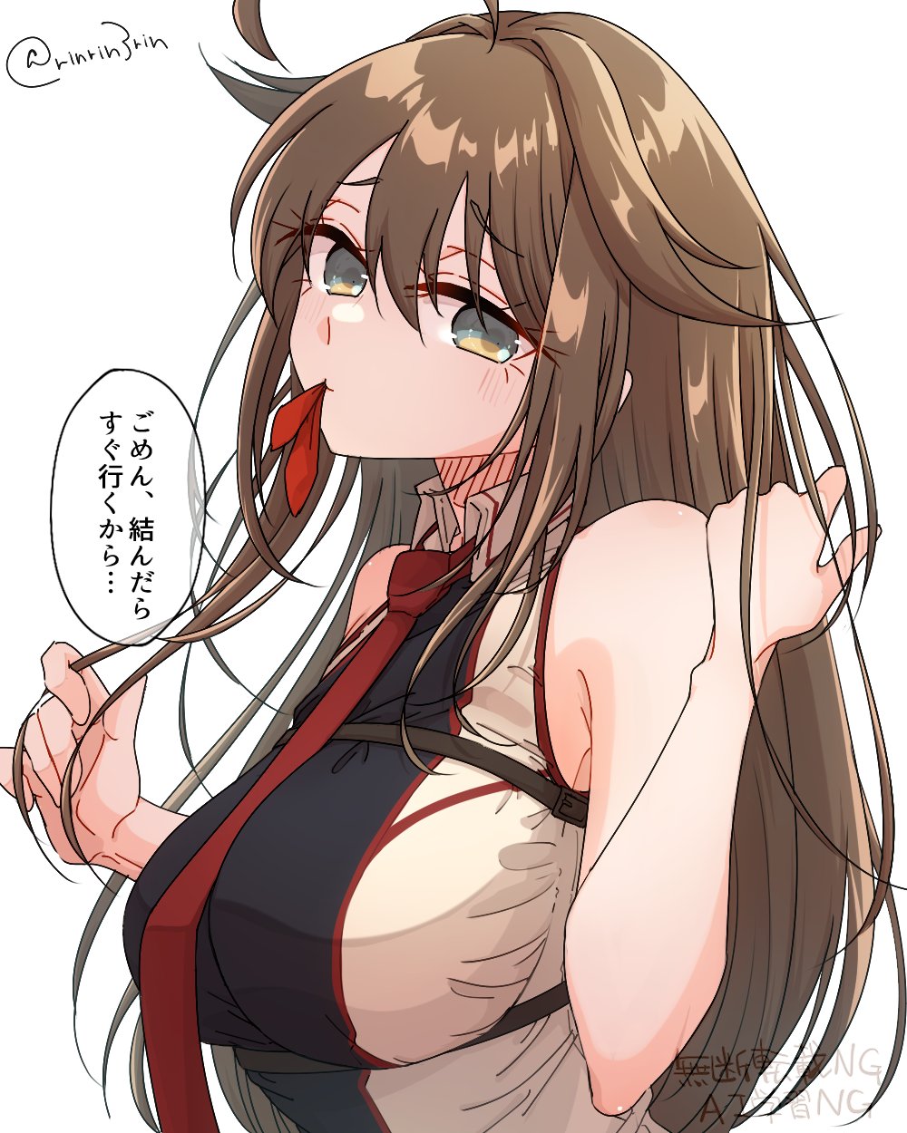 1girl ahoge alternate_hairstyle black_shirt braid breasts brown_hair commentary_request grey_eyes hair_down hair_flaps highres kantai_collection large_breasts long_hair looking_at_viewer matsunaga_(haku) mouth_hold necktie red_necktie shigure_(kancolle) shigure_kai_san_(kancolle) shirt simple_background sleeveless sleeveless_shirt solo translation_request twitter_username two-tone_shirt white_background