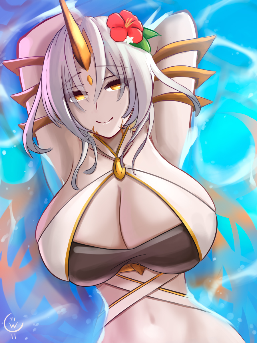 1girl arms_up breasts ciderwrath colored_skin fire_emblem fire_emblem_heroes flower flower_on_head grey_hair grey_skin gullveig_(fire_emblem) gullveig_(summer)_(fire_emblem) highres huge_breasts looking_at_viewer navel nintendo partially_submerged smile solo swimsuit water yellow_eyes