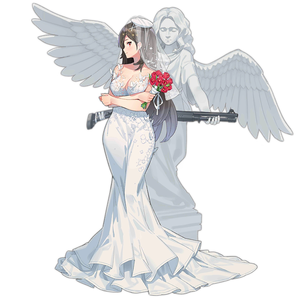 1girl angel_statue bare_shoulders benelli_m4_super_90 bouquet breasts bridal_veil brown_hair cleavage closed_mouth crossed_arms ddal dress flower full_body girls&#039;_frontline gun holding holding_bouquet large_breasts light_blush long_dress long_hair looking_at_viewer looking_to_the_side m1014 m1014_(girls&#039;_frontline) m1014_(heartbeat_before_the_angel_statue)_(girls&#039;_frontline) official_alternate_costume official_art profile red_eyes red_flower red_rose rose shotgun simple_background solo standing statue transparent_background veil very_long_hair weapon wedding_dress white_dress