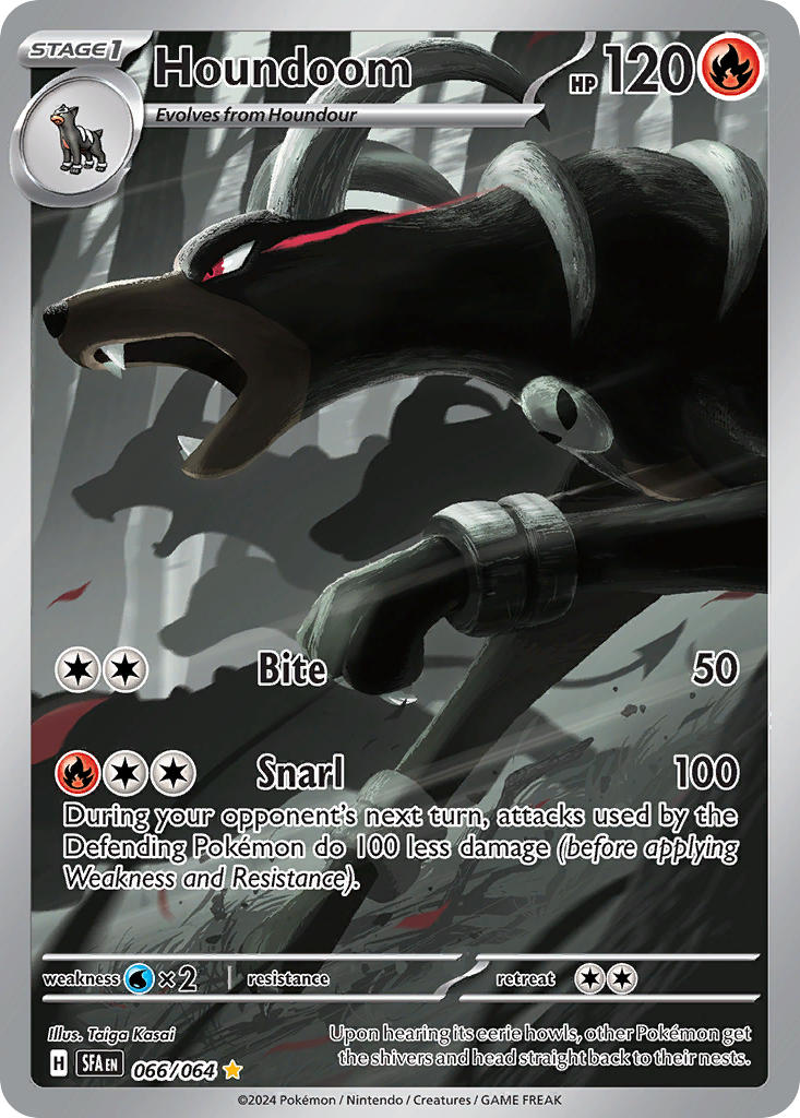 animal_focus artist_name card_(medium) character_name company_name copyright_name copyright_notice english_text eye_trail fangs gen_2_pokemon grass horns houndoom houndour kasai_(pixiv24704749) light_trail nintendo no_humans official_art open_mouth outdoors pokemon pokemon_(creature) pokemon_card pokemon_focus pokemon_tcg red_eyes silhouette solo_focus spot_color third-party_source trading_card tree