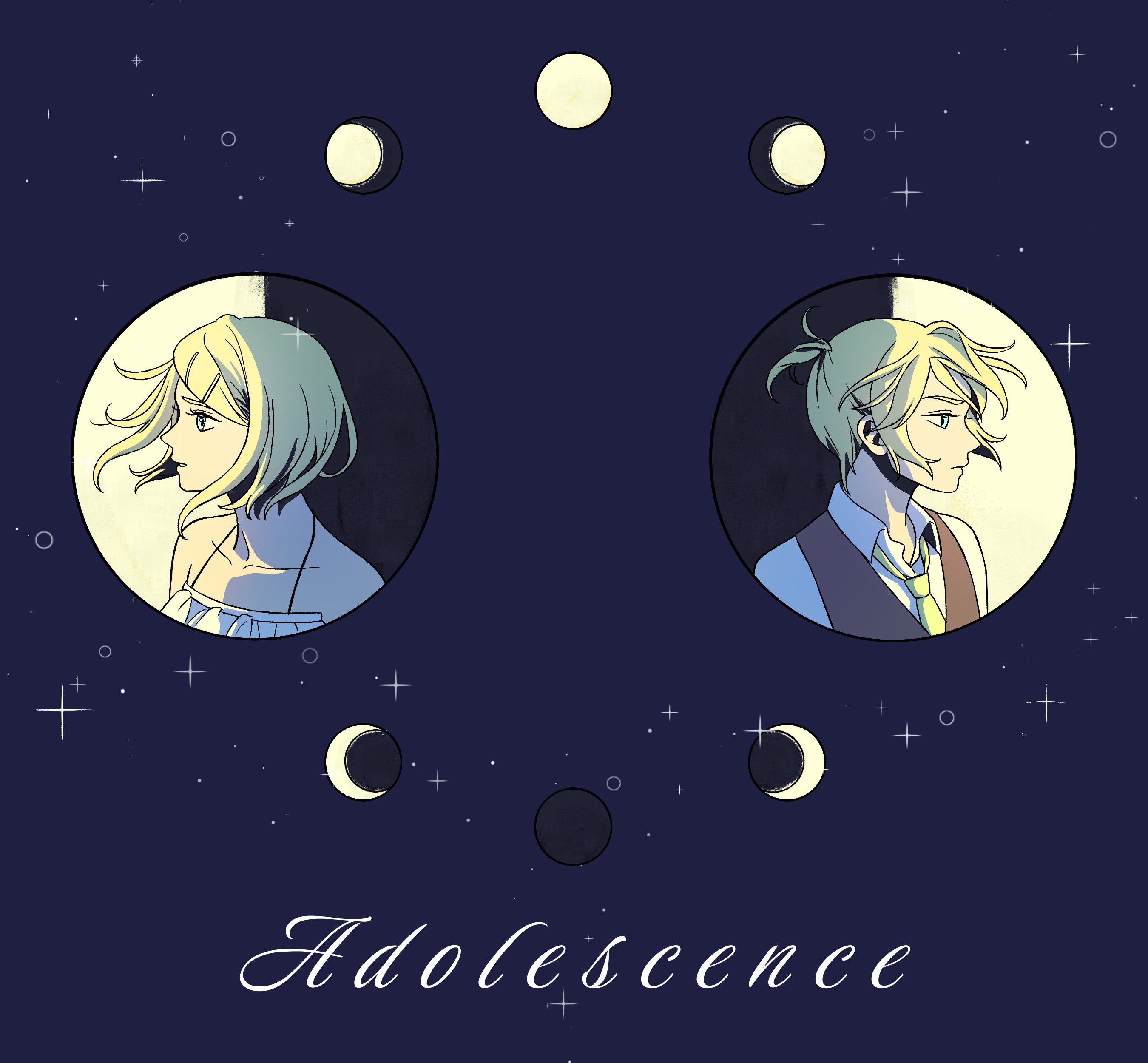 absurdres adolescence_(vocaloid) kagamine_len_(adolescent_knight) kagamine_rin_(adolescent_princess) aqua_eyes back-to-back bare_shoulders blonde_hair camisole cel_shading collarbone collared_shirt crescent_moon eyelashes floating_hair frilled_camisole frills full_moon gibbous_moon half_moon highres kagamine_len kagamine_rin moon moon_phases necktie new_moon parted_lips portrait profile project_diva_(series) serious shirt short_hair shubook_vse sky sleeveless_blazer spaghetti_strap star_(sky) starry_sky swept_bangs vocaloid white_camisole white_shirt wind yellow_necktie