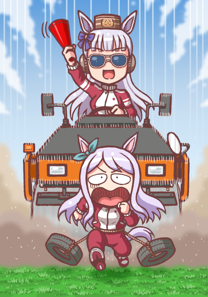 2girls amayuki_esuka animal_ears aqua_bow blunt_bangs bow brown_headwear commentary_request dust_cloud ear_bow gold_ship_(umamusume) headgear holding holding_megaphone horse_ears horse_girl horse_tail horseshoe kingyo_chuuihou! light_purple_hair long_hair megaphone mejiro_mcqueen_(umamusume) motion_lines multiple_girls open_mouth outdoors pillbox_hat purple_bow red_track_suit running shoes sneakers steamroller sunglasses tail track_suit umamusume unused_tire