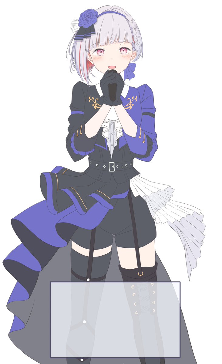 1girl 4th_live_dream_~bloom_the_dream_believers~ :d ascot black_jacket black_shorts black_thighhighs blue_flower blue_hairband blue_jacket blue_rose blush braid collared_shirt colored_inner_hair commentary_request compass_(love_live!) dress_shirt feet_out_of_frame flower flower_hairband flower_stand_art frilled_ascot frills grey_hair hairband holding holding_microphone iroha_(nami3) jacket link!_like!_love_live! love_live! microphone multicolored_hair multicolored_jacket official_alternate_costume open_mouth pink_eyes red_hair rose shirt short_hair short_shorts shorts side_braid simple_background smile solo streaked_hair thighhighs three-quarter_sleeves two-tone_jacket virtual_youtuber white_ascot white_background white_shirt yugiri_tsuzuri