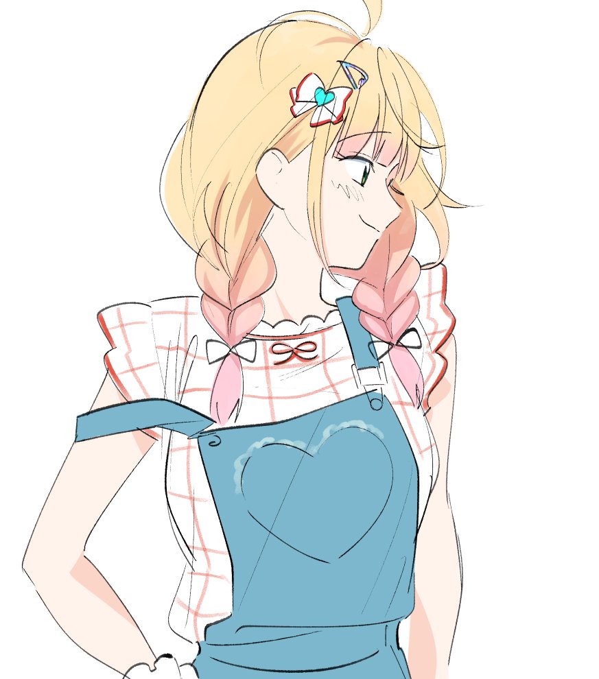 1girl ahoge blonde_hair bow braid closed_mouth denim_overalls facing_to_the_side gradient_hair green_eyes hair_bow hair_ornament hairclip hololive long_hair momosuzu_nene momosuzu_nene_(7th_costume) multicolored_hair official_alternate_costume official_alternate_hairstyle overalls pink_hair plaid_clothes plaid_shirt red_shirt shirt simple_background smile solo twin_braids two-tone_shirt upper_body uuoftn virtual_youtuber white_background white_shirt