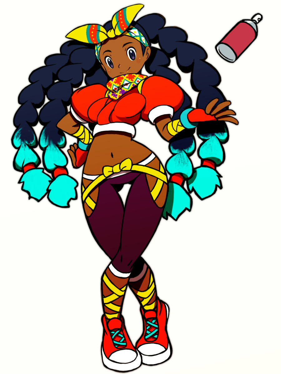1girl beeru_(veil8801) black_eyes black_hair blue_hair breasts closed_mouth colored_tips dark-skinned_female dark_skin fingerless_gloves full_body gloves gluteal_fold hairband hand_on_own_hip highres kimberly_jackson long_hair medium_breasts multicolored_hair navel puffy_short_sleeves puffy_sleeves red_gloves red_shoes shoes short_sleeves simple_background smile solo spray_can street_fighter street_fighter_6 thigh_gap two-tone_hair very_long_hair white_background yellow_hairband