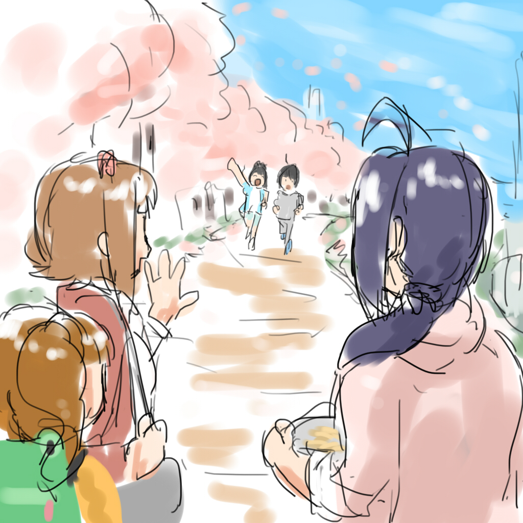 amami_haruka annko antenna_hair bag black_hair blue_hoodie blue_sky brown_hair building cherry_blossoms cityscape ganaha_hibiki grass hair_ribbon handbag hood hoodie idolmaster idolmaster_(classic) jacket kikuchi_makoto looking_at_another low_ponytail miura_azusa orange_jacket pink_jacket ponytail purple_hair ribbon river running shoes shorts sky skyscraper sneakers takatsuki_yayoi waving