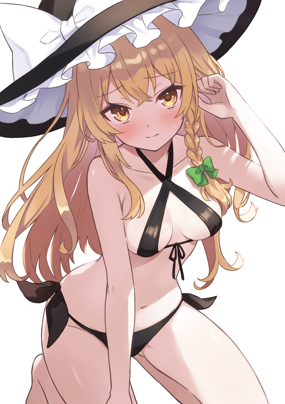 1girl ahase_hino alternate_costume bikini black_bikini blonde_hair blush bow braid closed_mouth collarbone commentary_request green_bow hair_bow hat hat_bow highres kirisame_marisa long_hair looking_at_viewer midriff navel raised_eyebrows shadow side_braid single_braid sling_bikini_top solo sweatdrop swimsuit touhou white_bow witch_hat yellow_eyes
