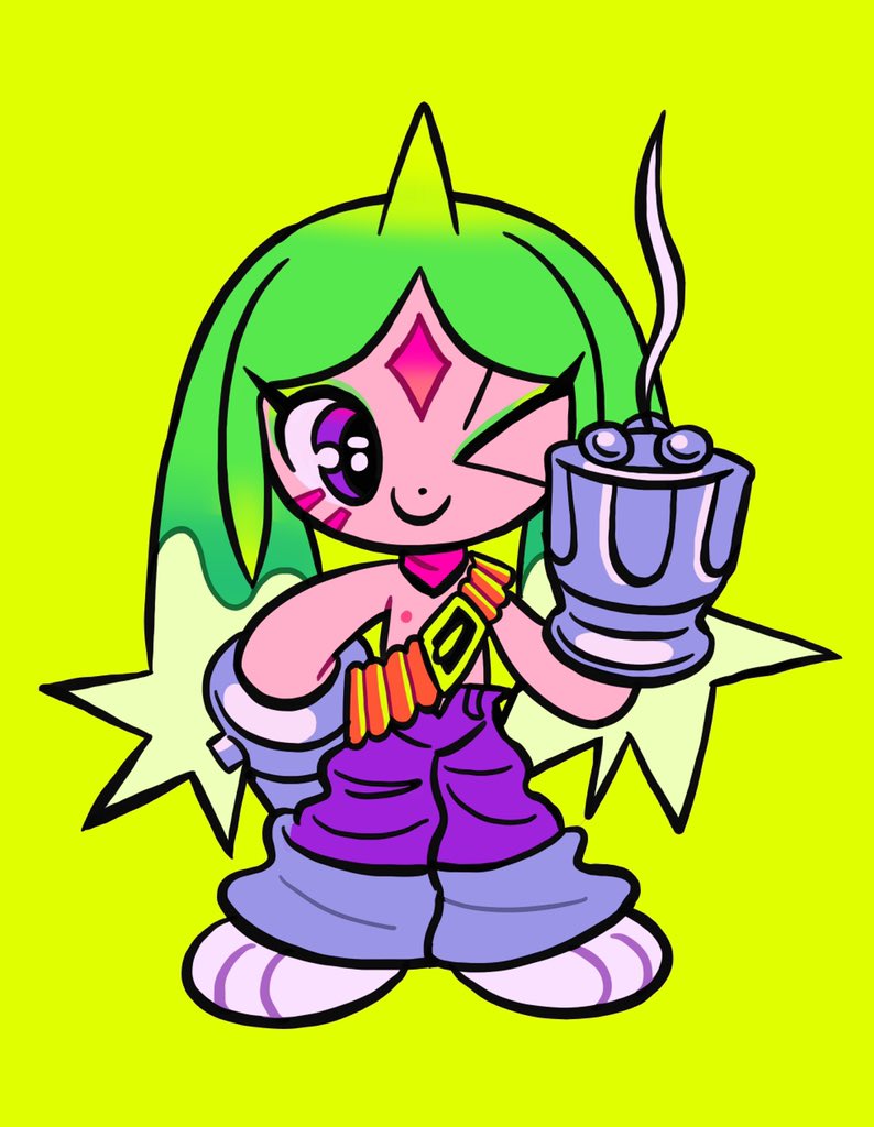 &gt;_o 1boy ammunition_belt bandana digimon eyeshadow facial_mark forehead_mark full_body galgomon green_background green_eyeshadow green_hair jinx88_(jinx) makeup male_focus nipples one_eye_closed pants personification pink_bandana purple_eyes purple_pants smile solo topless_male