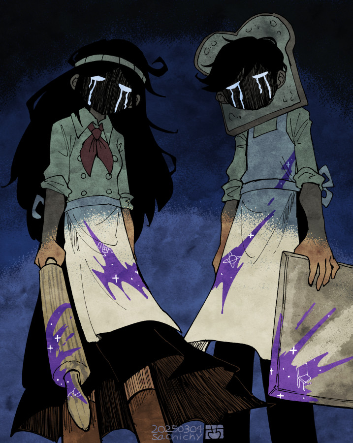 1boy 1girl aizawa_sachi apron biscuit_(omori) black_pants brother_and_sister brown_hair crying crying_with_eyes_open dark-skinned_female dark-skinned_male dark_skin doughie_(omori) holding_rolling_pin long_hair looking_at_viewer neckerchief omori pants red_neckerchief rolling_pin short_hair short_sleeves siblings tears white_apron