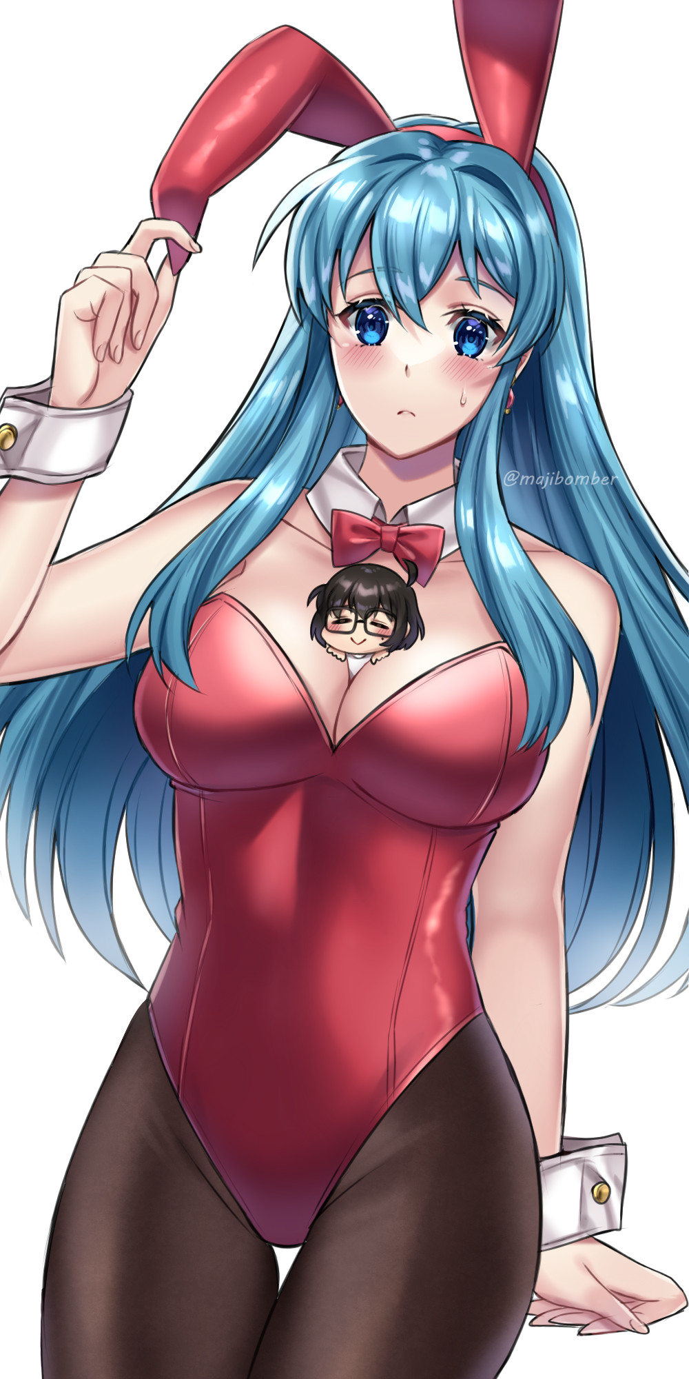 2girls animal_ears between_breasts black_hair blue_eyes blue_hair bow bowtie breasts closed_eyes eirika_(fire_emblem) fire_emblem fire_emblem:_the_sacred_stones fire_emblem_heroes glasses highres kiran_(female)_(fire_emblem) kiran_(fire_emblem) leotard long_hair maji_(majibomber) medium_breasts multiple_girls nintendo person_between_breasts playboy_bunny rabbit_ears smile yuri