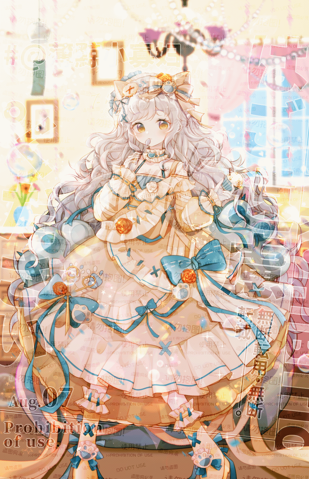 1girl animal_ear_hairband animal_ears animated animated_gif bare_shoulders bean_bag blinking blue_bow blue_choker blue_sky boots boqing_xiao_guafu bow carpet cat_ear_hairband cat_ears chinese_commentary choker commentary_request commission cupcake curtains dress ear_wiggle fake_animal_ears food food_wrapper footwear_bow frilled_choker frilled_dress frills full_body grey_hair hair_bow hair_ornament hairband hairclip heart heart_choker highres holding holding_food holding_spoon indoors long_dress long_hair long_sleeves looking_at_viewer looping_animation original paw_hair_ornament picture_frame puffy_long_sleeves puffy_sleeves sample_watermark single_stripe sky solo spoon standing striped_bow too_many_watermarks utensil_in_mouth very_long_hair watermark wavy_hair weibo_watermark window x_hair_ornament yellow_boots yellow_bow yellow_dress yellow_hairband