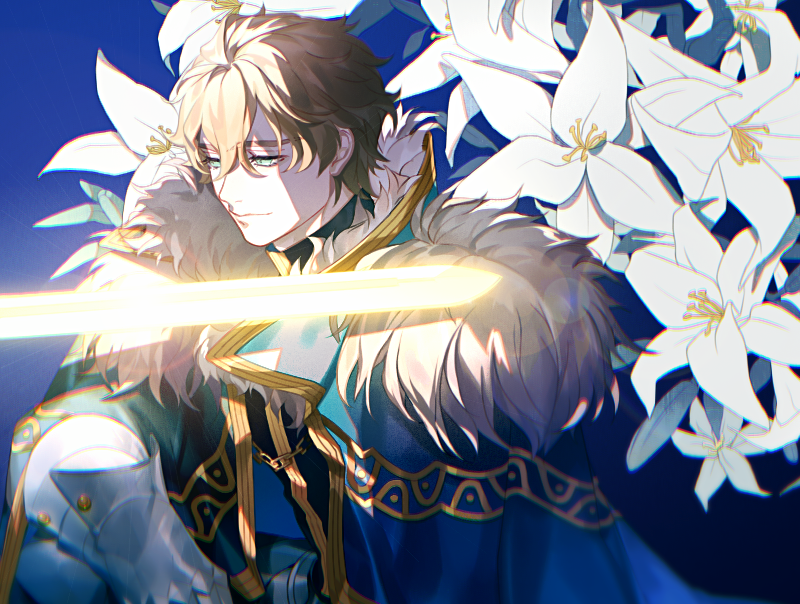 1boy armor blonde_hair blue_background blue_eyes cape fate/grand_order fate_(series) flower fur-trimmed_cape fur_trim gawain_(fate) knighting lily_(flower) male_focus sasamura_(_pios) short_hair smile solo sword weapon white_flower