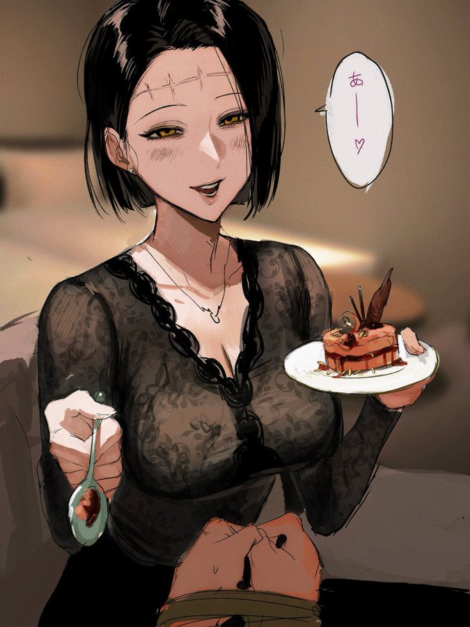 1girl 1other bound bound_wrists breasts cannibalism cleavage earrings eyeball fallsoki feeding force-feeding heart holding holding_plate holding_spoon imminent_cannibalism incoming_food itadori_kaori jewelry jujutsu_kaisen kenjaku looking_at_viewer necklace plate rope ryoumen_sukuna&#039;s_fingers smile spoken_heart spoon yellow_eyes