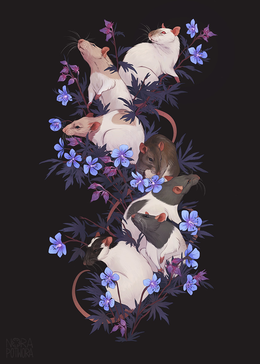 6+others animal animal_ears animal_focus artist_logo black_eyes blue_flower commission dark_background flower heart highres logo mouse_(animal) mouse_ears mouse_tail multiple_others no_humans norapotwora original purple_flower red_eyes simple_background smelling tail two-tone_fur whiskers